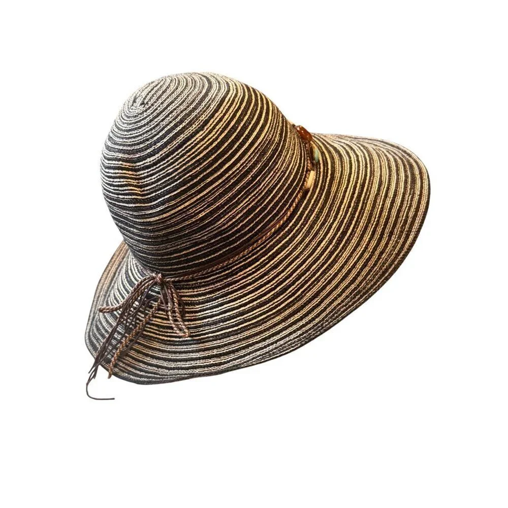 Kallina Black & Tan Striped Sun Hat With Beaded Band Women's One Size